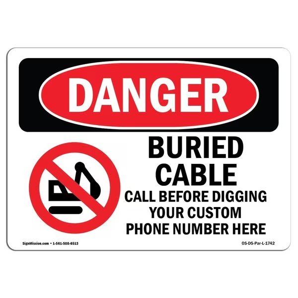OSHA, Custom Buried Cable Call Before Digging, 5in X 3.5in Decal, 10PK, OS-DS-D-35-L-1742-10PK, Signmission, Mfr#: OS-DS-D-35-L-1742-10PK